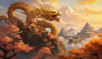dragon in the clouds with golden blossom trees  - obrazy, fototapety, plakaty