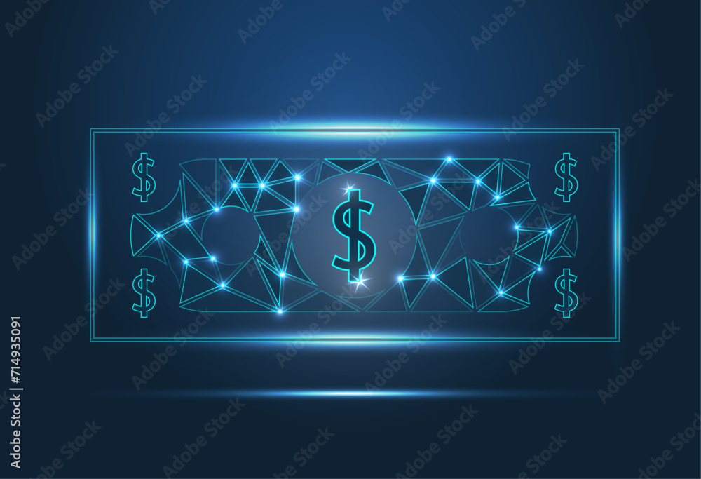 Poster abstract image of a dollar in the form of dots and lines, triangles, broken glass. business vector