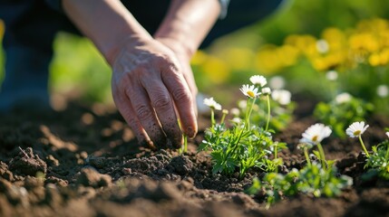 gardener plants a chamomile in the soil.