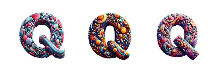 Set of a 3D colorful Letter Q, isolated over on transparent white background