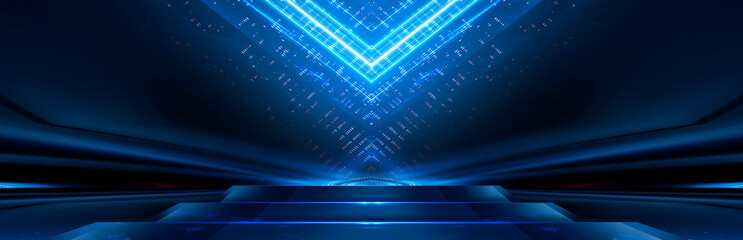 Abstract scene from rays of light with stairs, blue neon, spotlights.