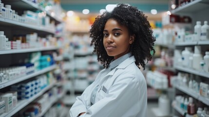 young female dark skinned pharmacist working in a pharmacy
