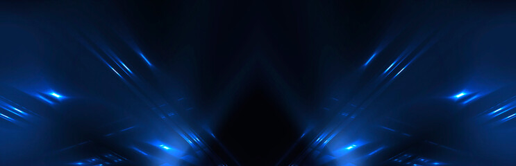 Fototapeta na wymiar Abstract scene from rays of light with stairs, blue neon, spotlights.