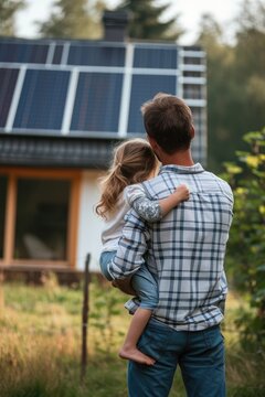Rear view of dad holding her little girl in arms and showing at their house with installed solar panels
