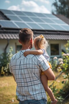 Rear view of dad holding her little girl in arms and showing at their house with installed solar panels