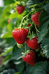 Strawberries on a strawberry plant on a strawberry plantation