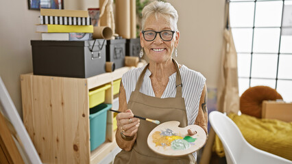 Confident grey-haired senior woman artist, at a fun art studio, smiling as she draws with joy,...
