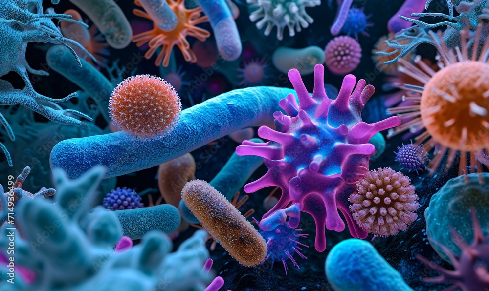 Poster a vibrant and colorful collection of microbes and viruses generative ai