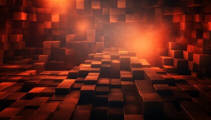 Abstract 3D background with illuminated cubes and a glowing orange light.