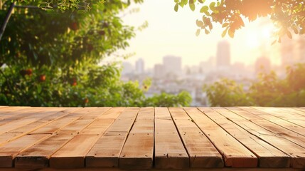 Wood table top on garden in city background