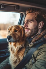 handsome young man taking a drive with his dog