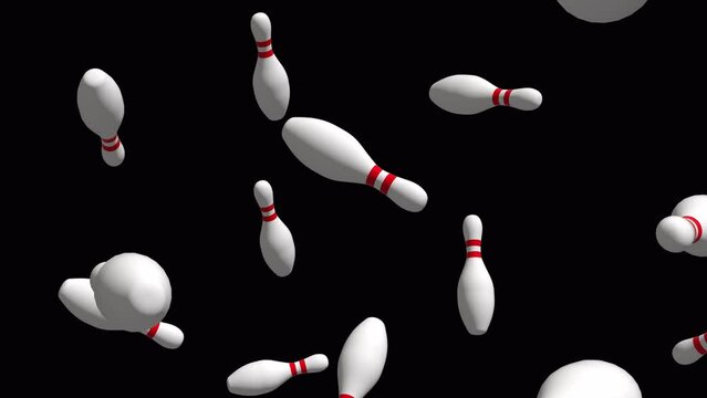 Bowling background. Falling white and red bowling pins over alpha channel. Rain of bowling pins across the screen.