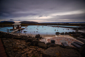 Fototapeta na wymiar Overcast late afternoon at the Mývatn Nature Baths, Reykjahlid, Northern Iceland.