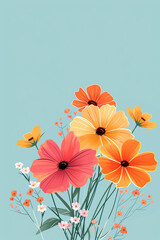 A bouquet of beautiful pink-orange cosmos flowers on a blue background. Copy space. Greeting card design.