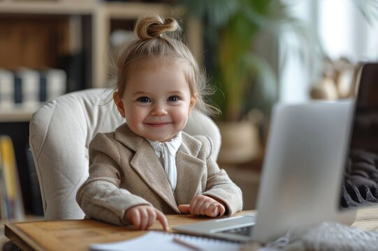 Cute smiling baby in business outfit doing business job