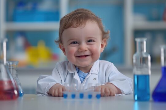 Cute smiling baby in laboratory outfit doing chemical reactions