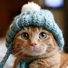 Charming, cute cats in beautiful, warm outerwear. Adorable cat faces resembling humans in clothes. Funny cats. Funny cat photos.
