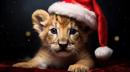 Fototapeten cute red lion cub in Santa hat on bokeh background, Christmas card, holiday for everyone, with high quality photos © Ekaterina