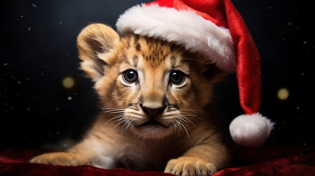 cute red lion cub in Santa hat on bokeh background, Christmas card, holiday for everyone, with high quality photos