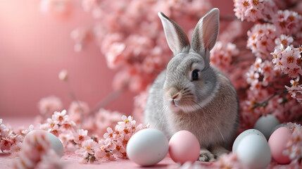 Naklejka na ściany i meble Cute Easter bunny with eggs and flowers on pink background, closeup