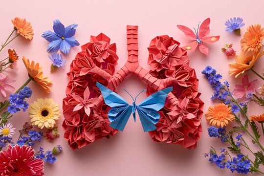 A colorful paper lung with a blue butterfly Generative AI