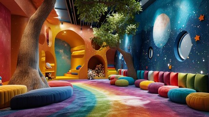  Imagine a kid's playroom with interactive walls, a mini indoor treehouse, and vibrant colors...