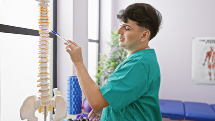 A young man in scrubs examines a spinal model in a brightly lit medical clinic's interior.