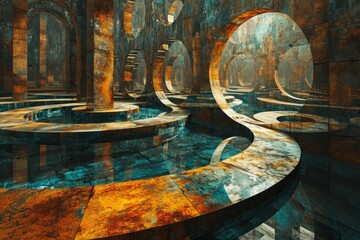 Cursed mirror labyrinths, reflecting distorted versions of reality and challenging perception - Generative AI