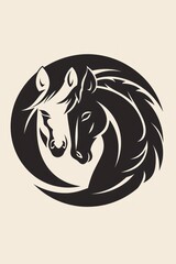 Image of a silhouette of two horses in a circle, black and beige logo, equestrian emblem