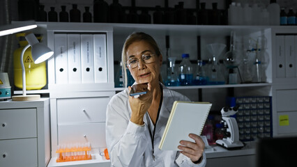 Mature caucasian woman scientist recording data in a laboratory, surrounded by equipment and chemical bottles.