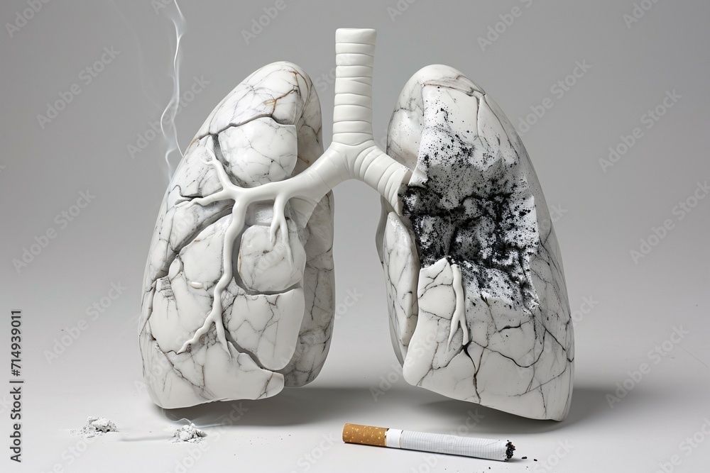 Poster a close-up of a white lung with a cigarette and a marble texture generative ai