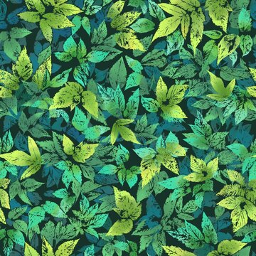Seamless pattern of green foliage prints on a dark green background.Suitable for printing on fabric for women's clothing,silk scarves, stoles, posters,wallpapers, backgrounds, cards, napkins, totobag.