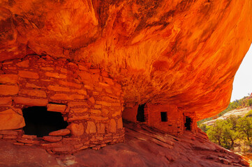 The House on Fire granary ruins, built by the ancestral puebloans, or anasazi, on the South Fork of the Mule Canyon, Cedar Mesa, Bears Ears National Monument, southeastern Utah, Southwest USA. - obrazy, fototapety, plakaty