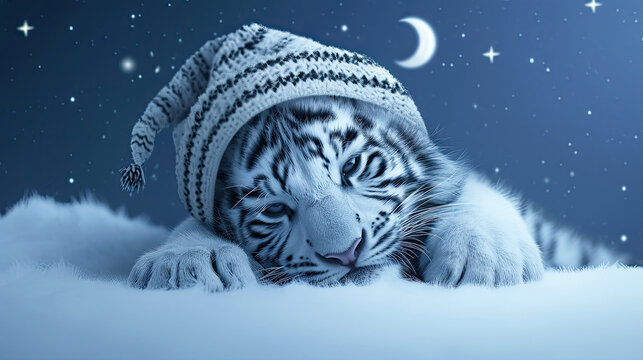 White tiger cub  wearing a night hat under the starry sky