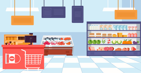 Supermarket shelf with food market store grocery shop empty interior concept. Vector graphic design illustration