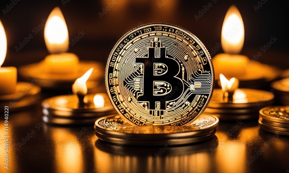 Poster bitcoin shiners on dark mirror surface in front of candlesticks. bitcoin on glossy surface, business
