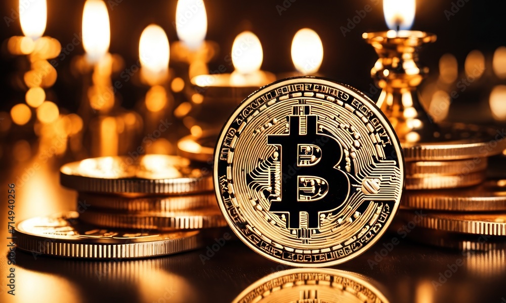 Poster bitcoin shiners on dark mirror surface in front of candlesticks. bitcoin on glossy surface, business