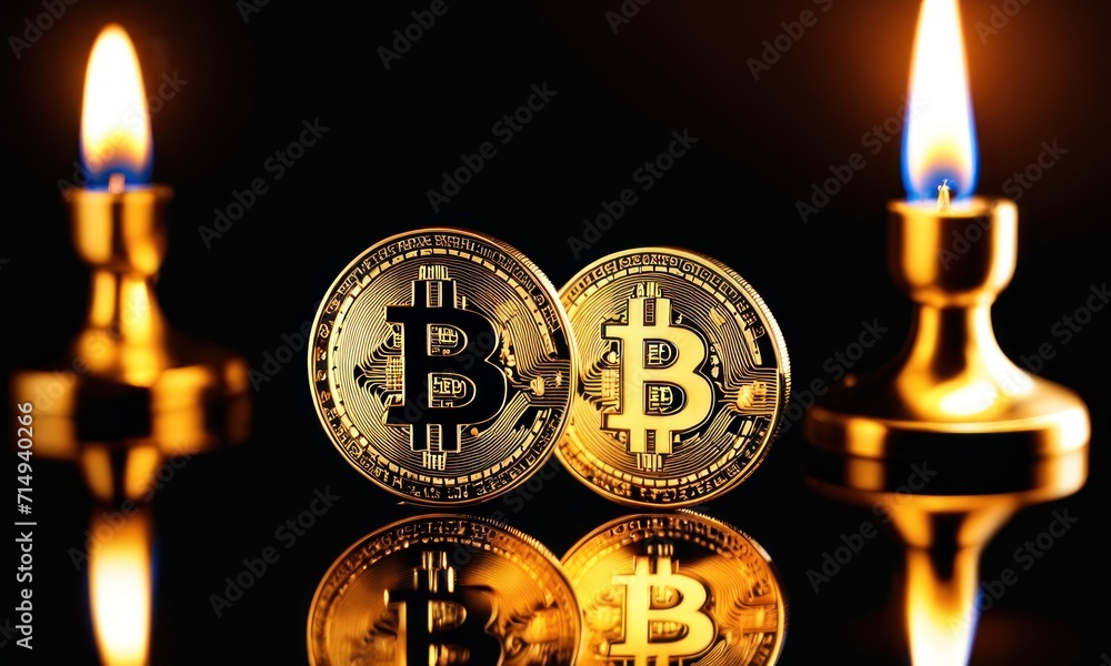 Poster bitcoin shiners on dark mirror surface in front of candlesticks. bitcoin on glossy surface, business