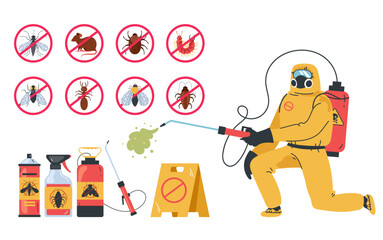 Pest control insect service disinfection poison isolated set. Vector flat graphic design illustration