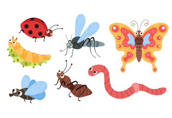 Beetles insects caterpillars worm ant spider butterfly mosquito bee isolated set. Vector flat modern style graphic design cartoon illustration