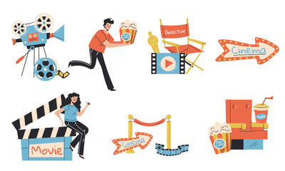 Cinema theater movie film studio production line doodle isolated icon set. Vector flat graphic design element concept