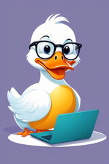 child duck works at the computer, plays on the laptop and does homework, sticker illustration
