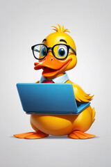 child duck works at the computer, plays on the laptop and does homework, sticker illustration