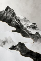 Chinese landscape minimalist design, inkcore, paper sculpture, mysterious core, a painting depicting black and white Yin and Yang symbols, snow mist, Changbai Mountain, flowing texture.