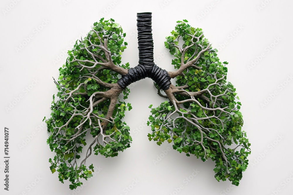 Poster a realistic representation of a human lung with a tree branch and leaves generative ai