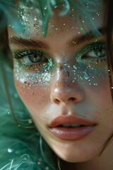Emerald Enchantment: Mesmerizing Close-Up of a Woman with Glittering Green Makeup