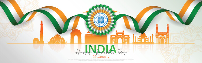 26 th January Indian Republic Day banner template design with Indian flag and silhouette of Indian monument. - obrazy, fototapety, plakaty