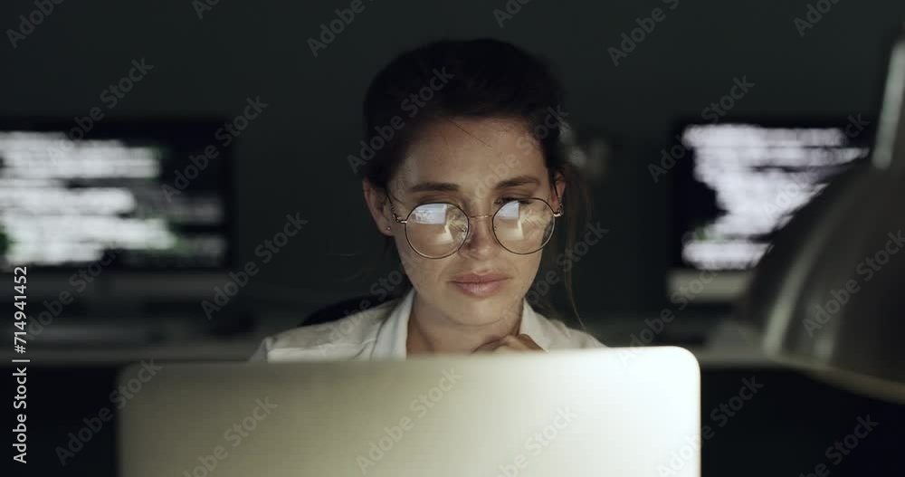 Aufkleber Woman, programmer and computer coding, information technology solution or reading software script at night. Engineer or technician in glasses on laptop programming, data and html analysis at office