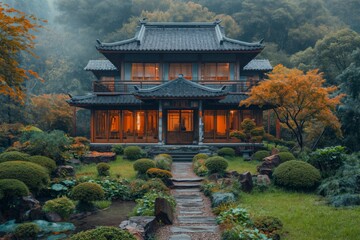 Japanese traditional house with backyard garden.
