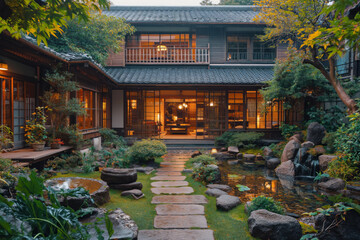 Japanese traditional house with backyard garden and pond